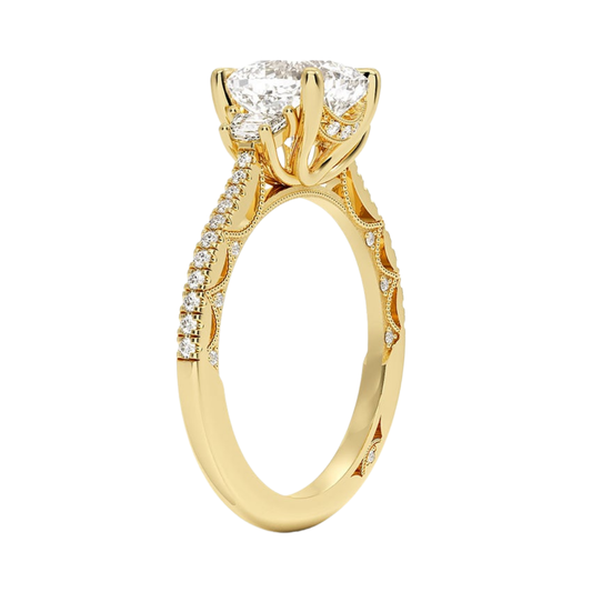 1 TO 5 Ct Lunetta Crescent Pavé Three Stone Cushion Cut Lab Grown Diamond Ring in 10K/14K/18K Gold | Pooja Diamond | IGI Certified Lab Diamond