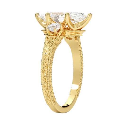 1 To 5 Ct Hudson Marquise Cut Three Stone Lab Grown Diamond Ring with Engraved Band in 10K / 14K / 18K Gold | Pooja Diamond | IGI Certified Lab Diamond