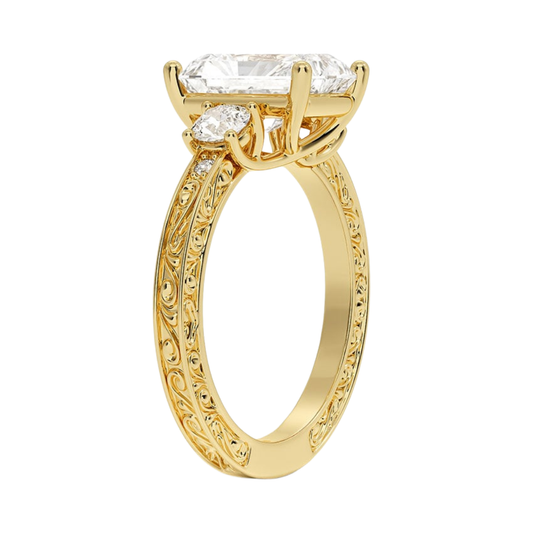 1 TO 5 CT Antique Scroll Engraved Radiant Cut Three Stone Lab Grown Diamond Ring in 10K/14K/18K Gold | Pooja Diamond | IGI Certified Lab Diamond