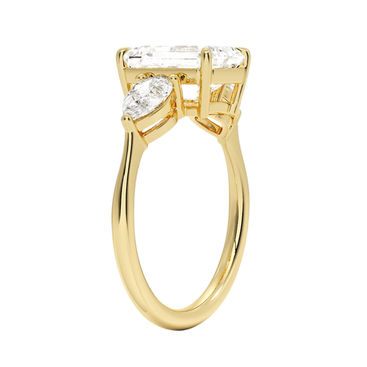 1 TO 5 Ct Luxe Opera Emerald  Cut Lab Grown Diamond Three Stone Ring with Pear Side Diamonds in 10K / 14K / 18K Gold | Pooja Diamond  | IGI Certified Lab Diamond