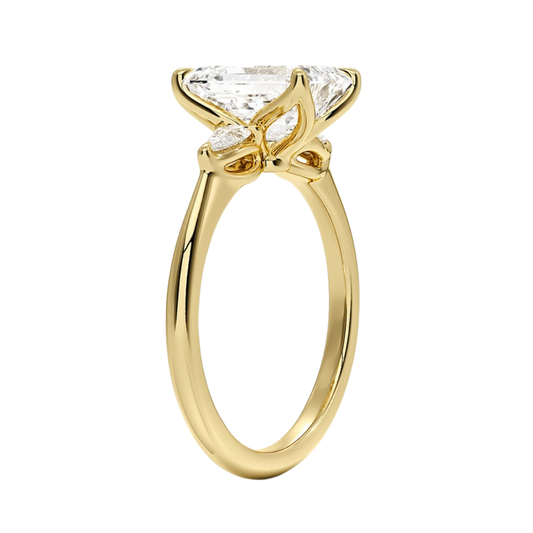 1 To 5 Ct Petite Fleur Emerald Cut Three Stone Lab-Grown Diamond Ring with Pear Side Accents in 10K/14K/18K Gold | Pooja Diamond | IGI Certified Lab Diamond