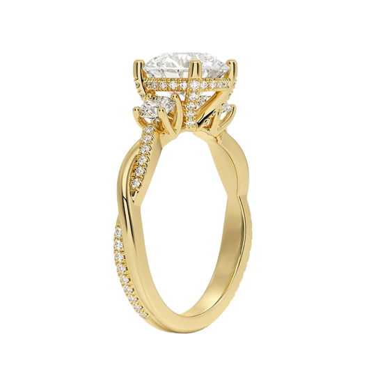 1 To 5 Ct Adorned Petite Twisted Vine Round Cut Three Stone Lab Grown Diamond Ring in 10K/14K/18K Gold | Pooja Diamond | IGI Certified Lab Diamond