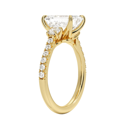 1 To 5 Ct Amelie Emerald Cut Three Stone Lab Grown Diamond Ring with Pave Band in 10K/14K/18K Gold | Pooja Diamond | IGI Certified Lab Diamond