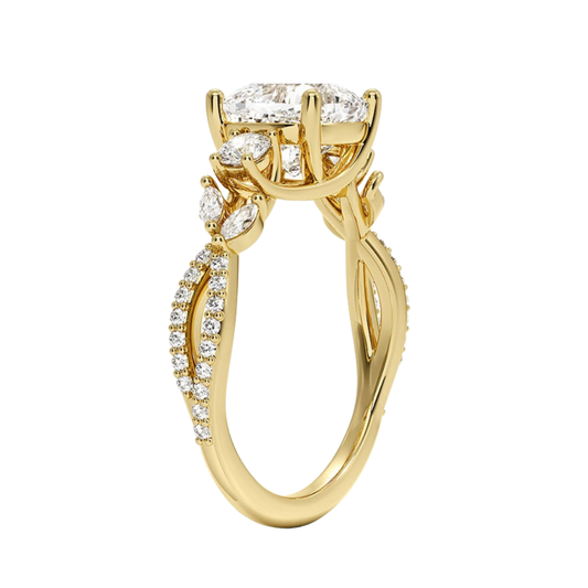 1 To 5 Ct Luxe Willow Three Stone Lab Grown Cushion Diamond Ring with Round&Marquise Accents in 10K/14K/18K Gold | Pooja Diamond | IGI Certified Lab Diamond