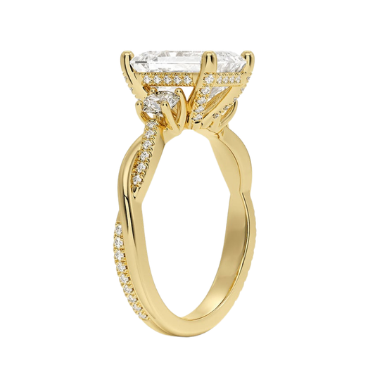 1 To 5 Ct Adorned Petite Twisted Vine Emerald Cut Three Stone Lab Grown Diamond Ring in 10K/14K/18K Gold | Pooja Diamond | IGI Certified Lab Diamond