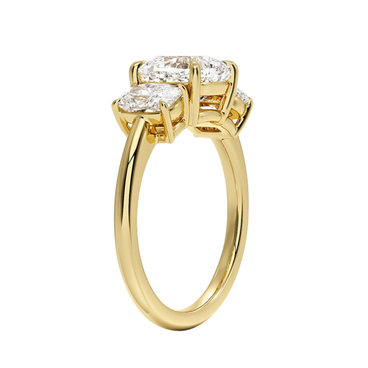 1 TO 5 Ct Luxe Faye Cushion Cut Lab Grown Diamond Three Stone Ring with Oval Side Diamonds in 10K / 14K / 18K Gold | Pooja Diamond | IGI Certified Lab Diamond