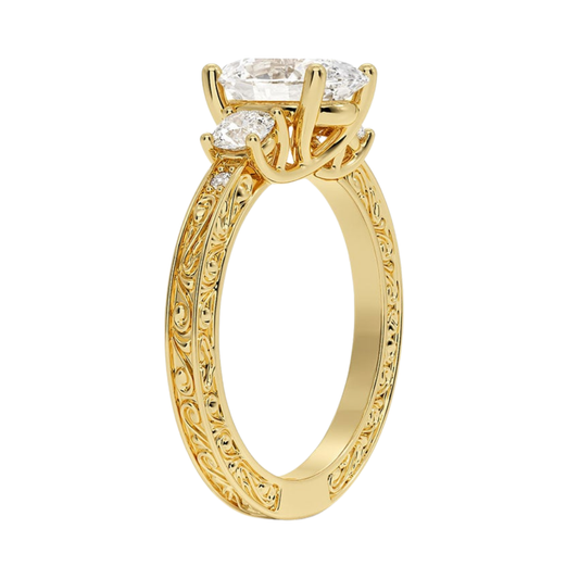 1 TO 5 CT Antique Scroll Engraved Oval Cut Three Stone Lab Grown Diamond Ring in 10K/14K/18K Gold | Pooja Diamond | IGI Certified Lab Diamond