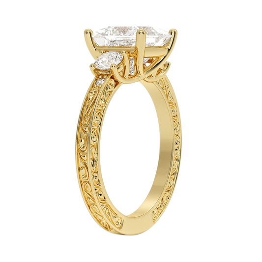 1 TO 5 CT Antique Scroll Engraved Princess Cut Three Stone Lab Grown Diamond Ring in 10K/14K/18K Gold | Pooja Diamond | IGI Certified Lab Diamond