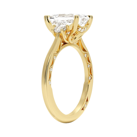 1 To 5 Ct Lunetta Crescent Emerald Cut Lab Grown Diamond Three Stone Ring in 10K/14K/18K Gold | Pooja Diamond | IGI Certified Lab Diamond