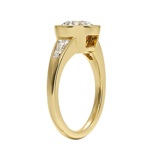 1 TO 5 CT Hayes Round Cut Lab Grown Diamond Three Stone Ring with Baguette Side Diamonds in 10K / 14K / 18K Gold | Pooja Diamond | IGI Certified Lab Diamond