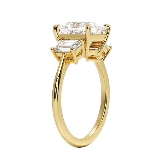 1 To 5 Ct Luxe Embrace Princess Cut Lab Grown Diamond Three Stone Ring with Trapezoid Side Diamonds in 10K / 14K / 18K Gold | Pooja Diamond | IGI Certified Lab Diamond