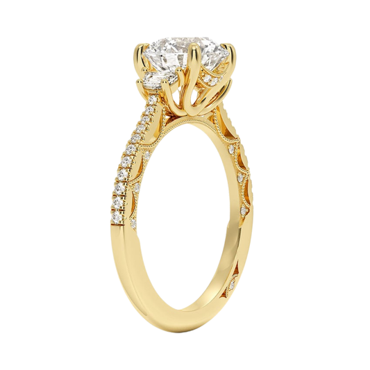 1 TO 5 Ct Lunetta Crescent Pavé Three Stone Round Cut Lab Grown Diamond Ring in 10K/14K/18K Gold | Pooja Diamond | IGI Certified Lab Diamond