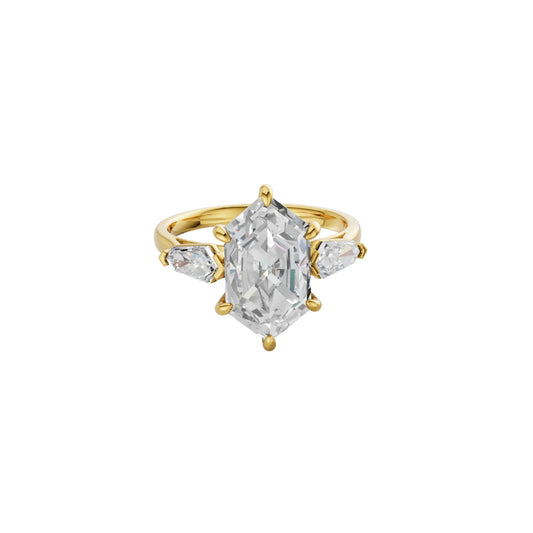 Hexagon Cut Lab Grown Diamond Engagement Ring with Side Stones | Modern Art Deco Gold Ring