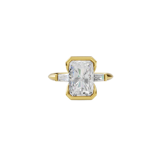 Radiant Cut Lab Grown Diamond Bezel Set Ring | Luxury Three Stone Engagement Ring
