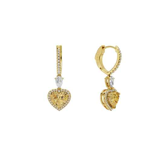 Lab Grown Yellow Diamond Heart Drop Hoop Earrings | Halo Dangle Earrings in 18K / 14K / 10K Gold | IGI Certified