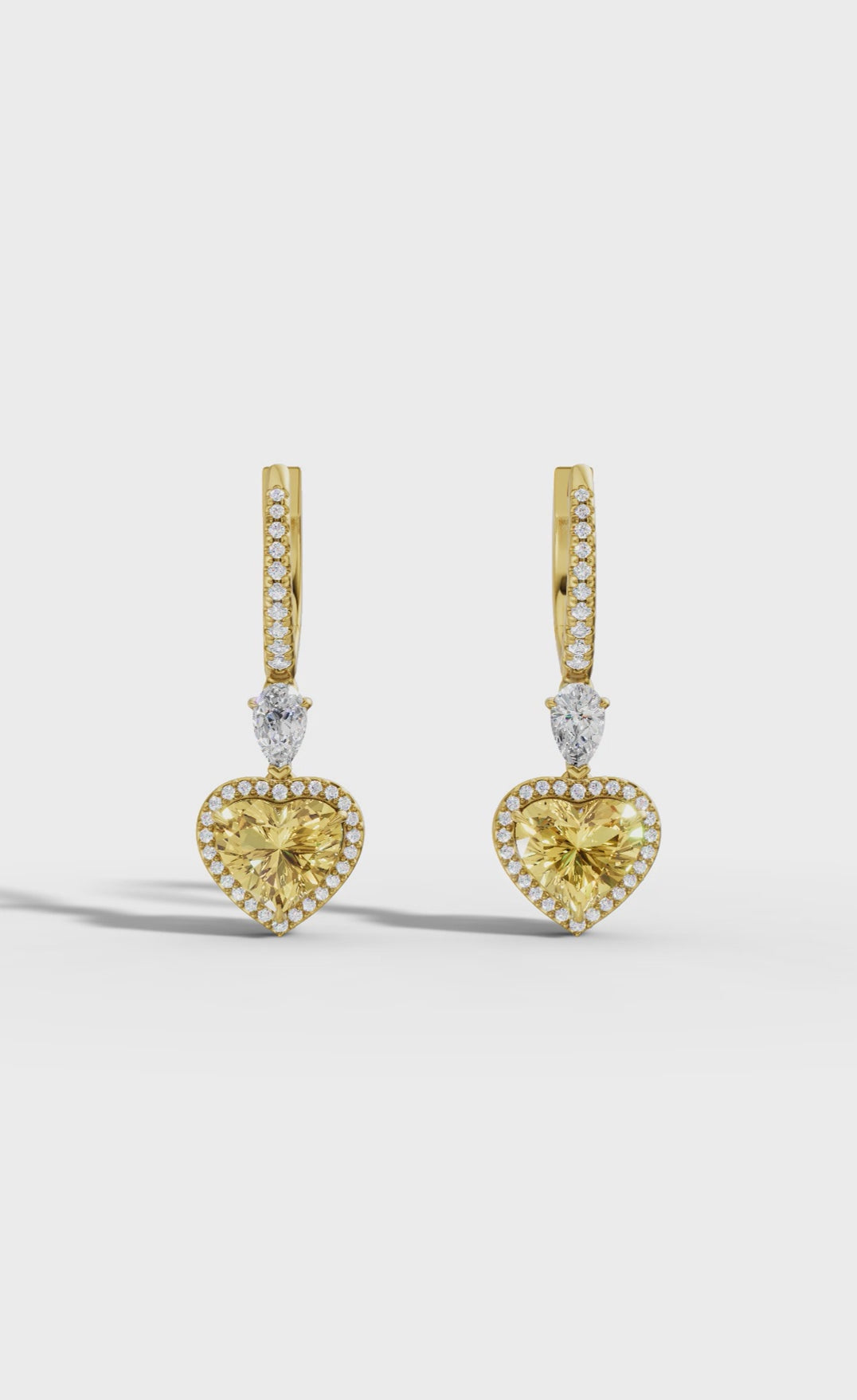 Lab Grown Yellow Diamond Heart Drop Hoop Earrings | Halo Dangle Earrings in 18K / 14K / 10K Gold | IGI Certified