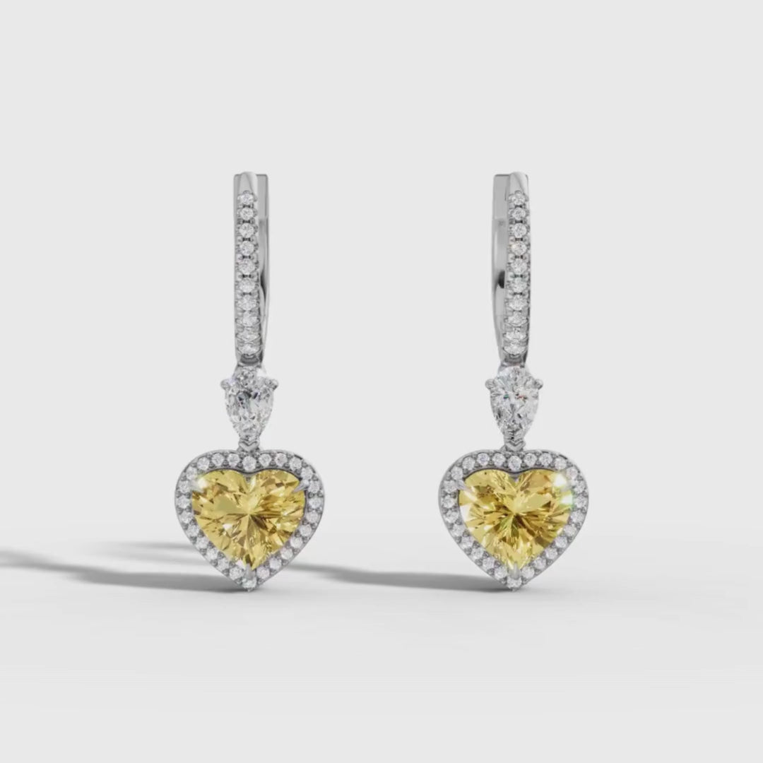 Lab Grown Yellow Diamond Heart Drop Hoop Earrings | Halo Dangle Earrings in 18K / 14K / 10K Gold | IGI Certified