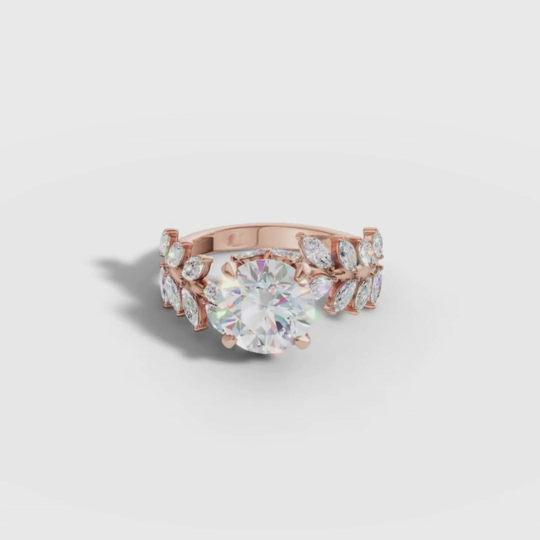 Round Cut Lab Grown Diamond Engagement Ring with Marquise Side Diamonds in Yellow Gold | Luxury Statement Ring – Pooja Diamond