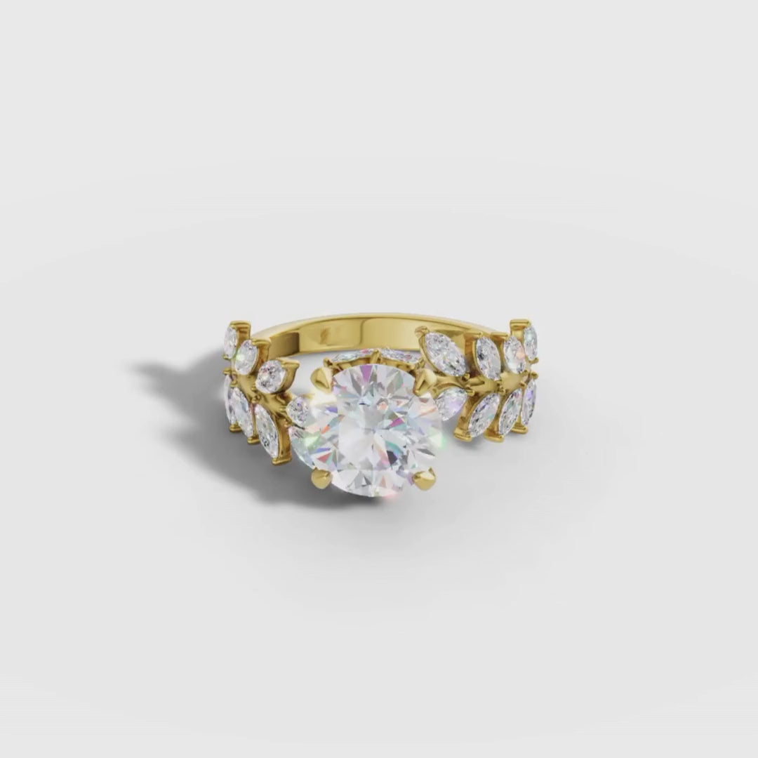 Round Cut Lab Grown Diamond Engagement Ring with Marquise Side Diamonds in Yellow Gold | Luxury Statement Ring – Pooja Diamond