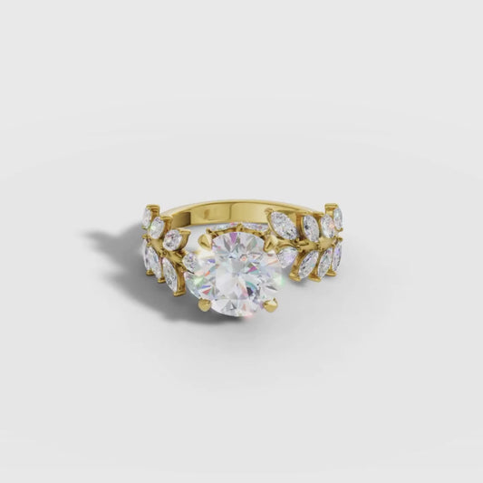 Round Cut Lab Grown Diamond Engagement Ring with Marquise Side Diamonds in Yellow Gold | Luxury Statement Ring – Pooja Diamond