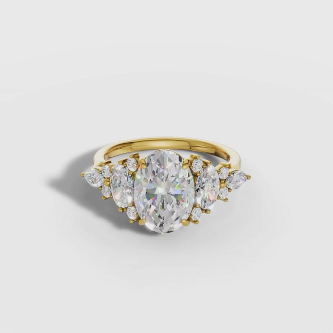 1 To 5 CT Luxury Oval Shape Lab Grown Diamond Engagement Ring with Oval & Round Side Stones in Gold | Pooja Diamond
