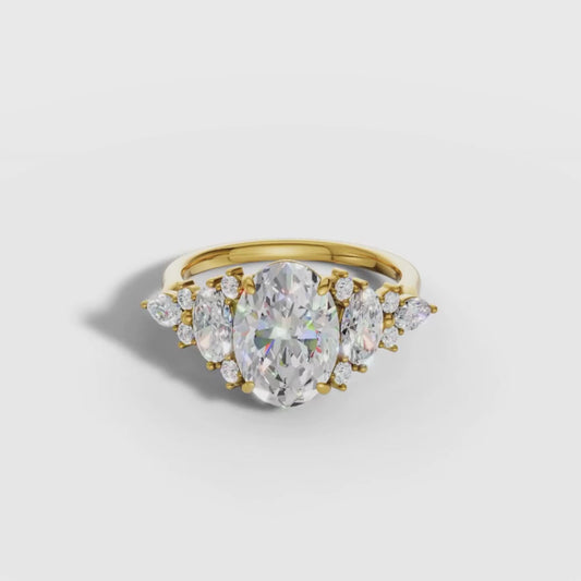 1 To 5 CT Luxury Oval Shape Lab Grown Diamond Engagement Ring with Oval & Round Side Stones in Gold | Pooja Diamond