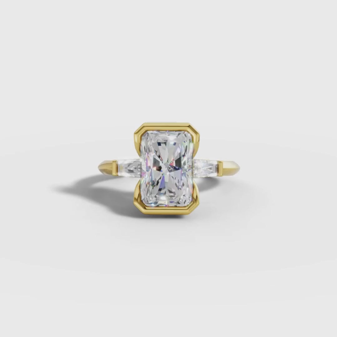 1 To 3 CT Lab Grown Radiant Cut Bezel Three-Stone Diamond Ring in Gold | Modern Engagement Ring | Pooja Diamond