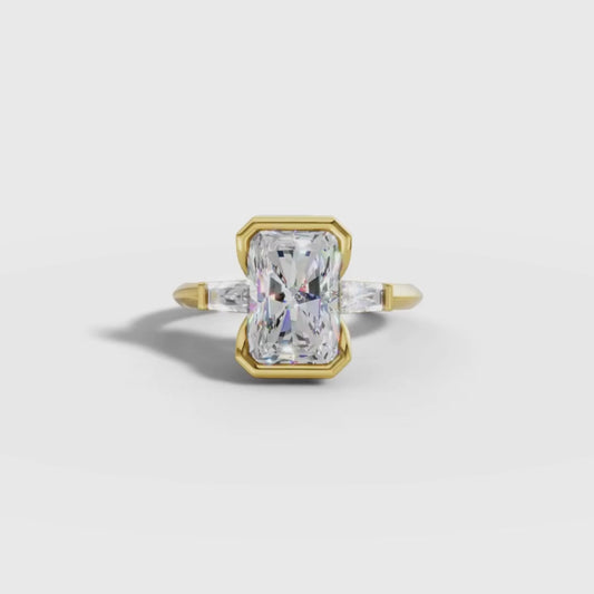1 To 3 CT Lab Grown Radiant Cut Bezel Three-Stone Diamond Ring in Gold | Modern Engagement Ring | Pooja Diamond