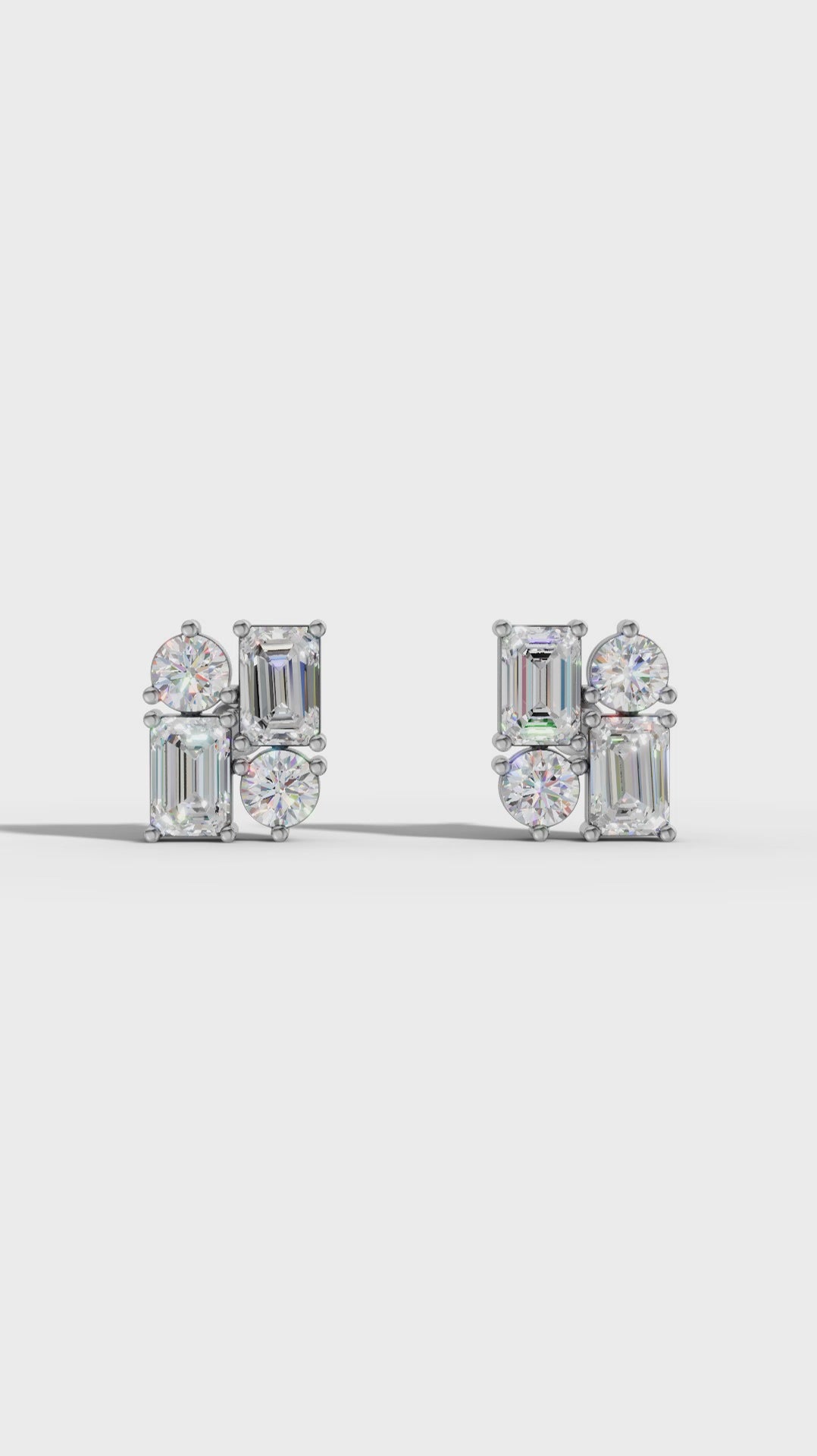Lab Grown Diamond Geometric Stud Earrings | Emerald & Round Cut | Modern Cluster Diamond Earrings in 18K / 14K / 10K Gold