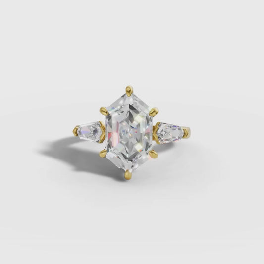 1 To 3 CT Lab Grown Hexagonal Cut Bezel Three-Stone Diamond Ring in Gold | Modern Geometric Engagement Ring | Pooja Diamond
