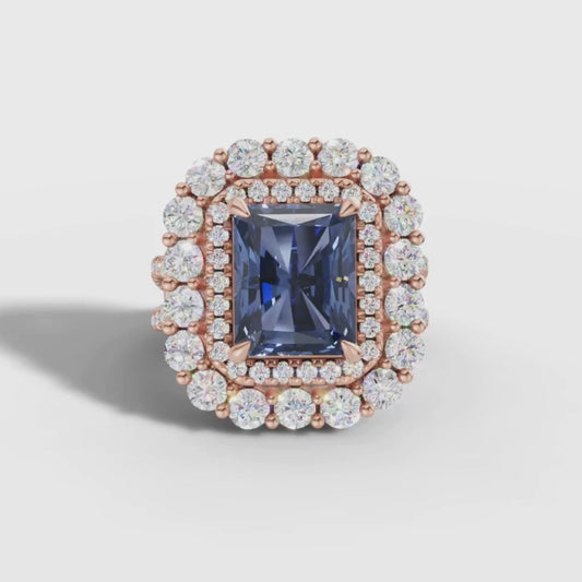 1 To 5 CT Radiant Cut Blue Lab Grown Diamond Double Halo Ring in Rose Gold | Luxury Engagement Ring – Pooja Diamond