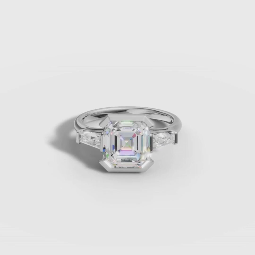 1 To 5 CT Asscher Cut Lab Grown Diamond Three-Stone Bezel Ring in Yellow Gold | Modern Engagement Ring – Pooja Diamond