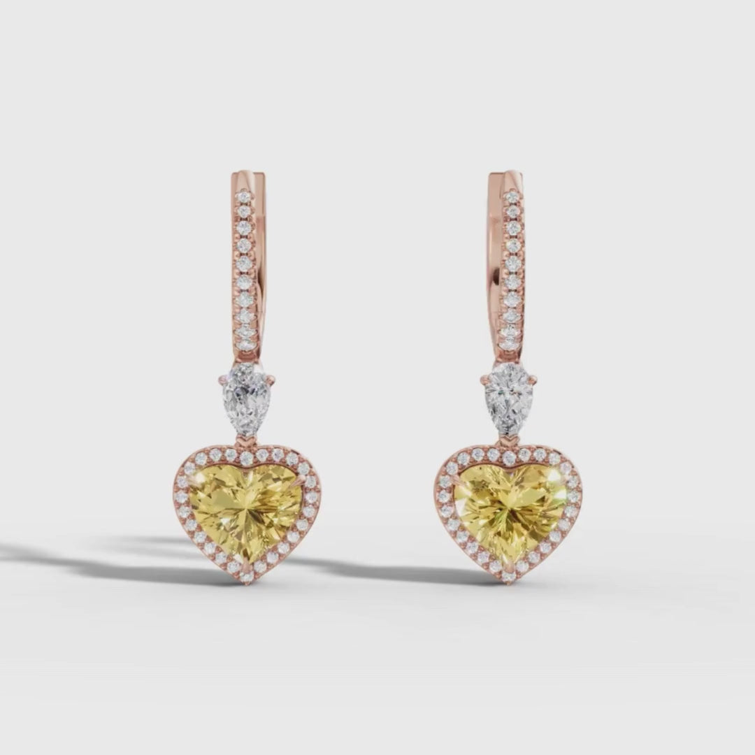 Lab Grown Yellow Diamond Heart Drop Hoop Earrings | Halo Dangle Earrings in 18K / 14K / 10K Gold | IGI Certified