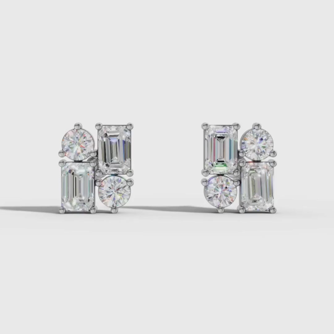 Lab Grown Diamond Geometric Stud Earrings | Emerald & Round Cut | Modern Cluster Diamond Earrings in 18K / 14K / 10K Gold