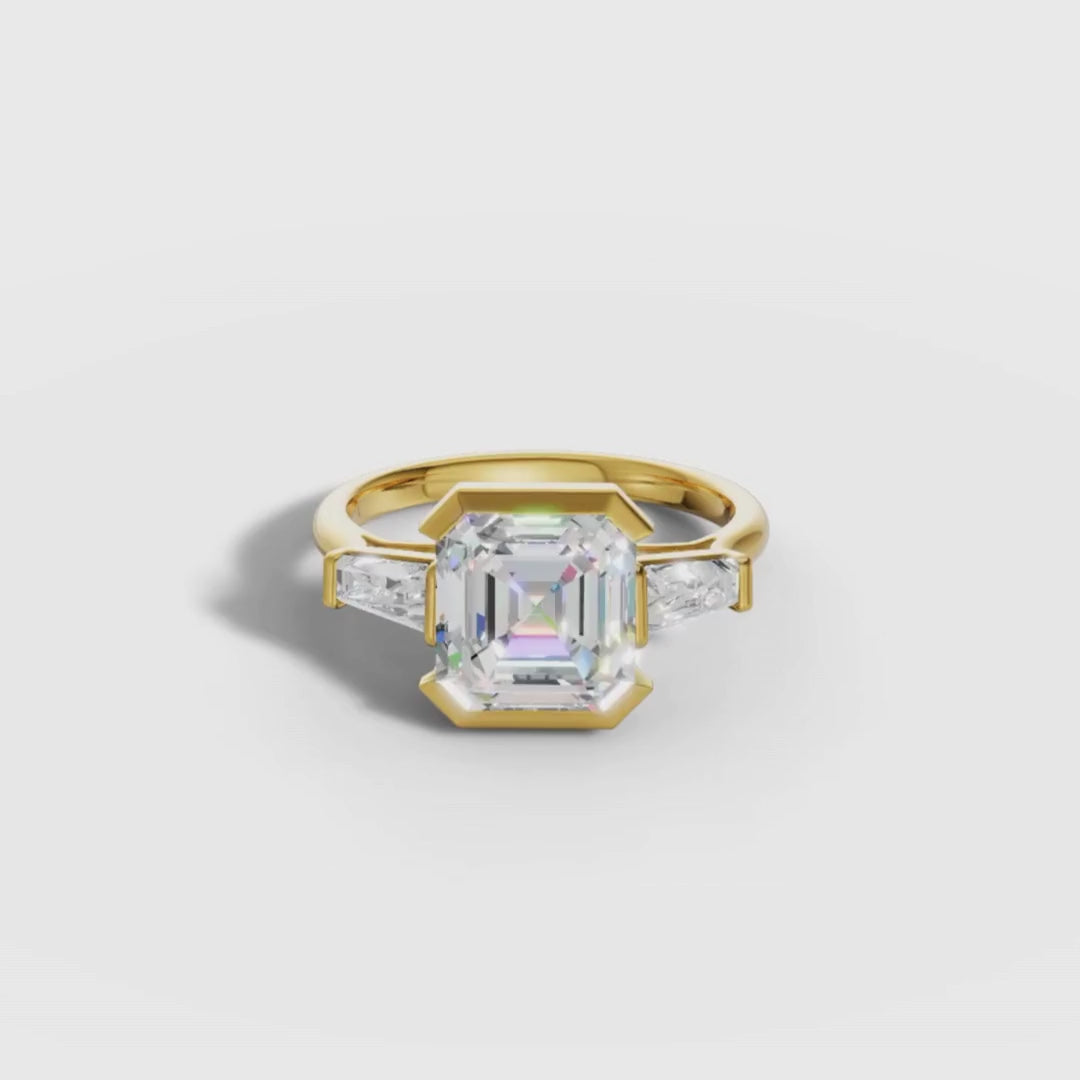 1 To 5 CT Asscher Cut Lab Grown Diamond Three-Stone Bezel Ring in Yellow Gold | Modern Engagement Ring – Pooja Diamond