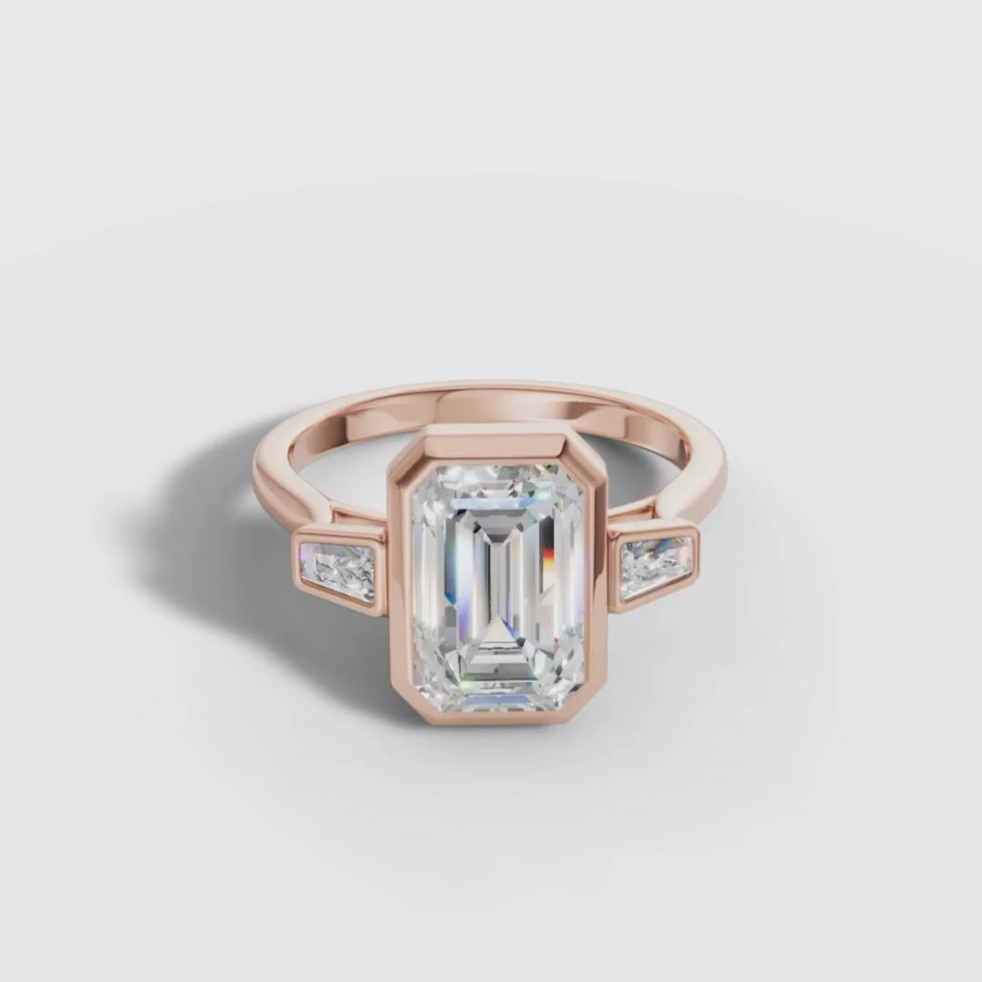 1 To 3 CT Lab Grown Emerald Cut Bezel Three-Stone Diamond Ring | Modern Gold Trilogy Engagement Ring | IGI Certified