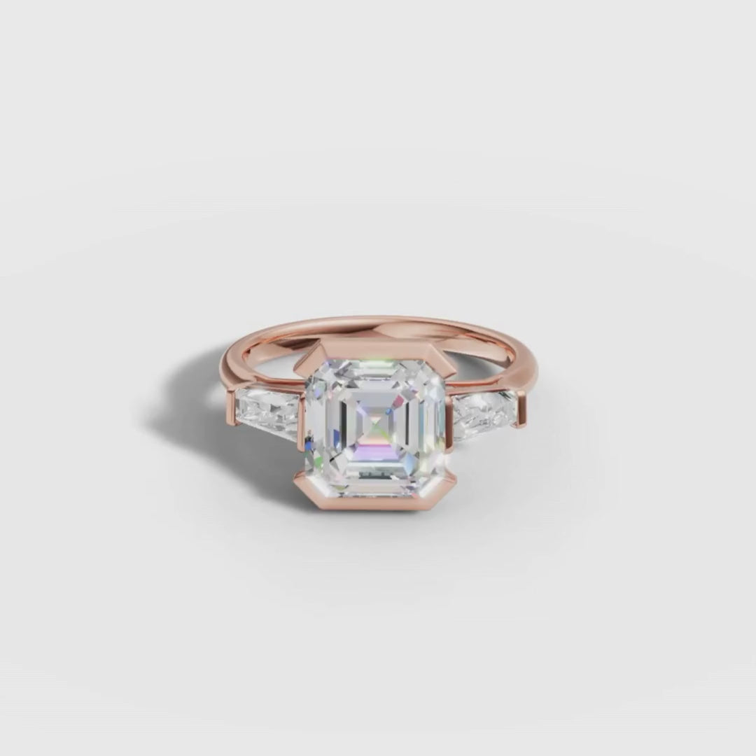 1 To 5 CT Asscher Cut Lab Grown Diamond Three-Stone Bezel Ring in Yellow Gold | Modern Engagement Ring – Pooja Diamond