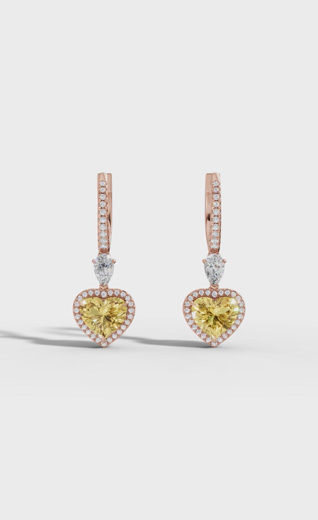 Lab Grown Yellow Diamond Heart Drop Hoop Earrings | Halo Dangle Earrings in 18K / 14K / 10K Gold | IGI Certified
