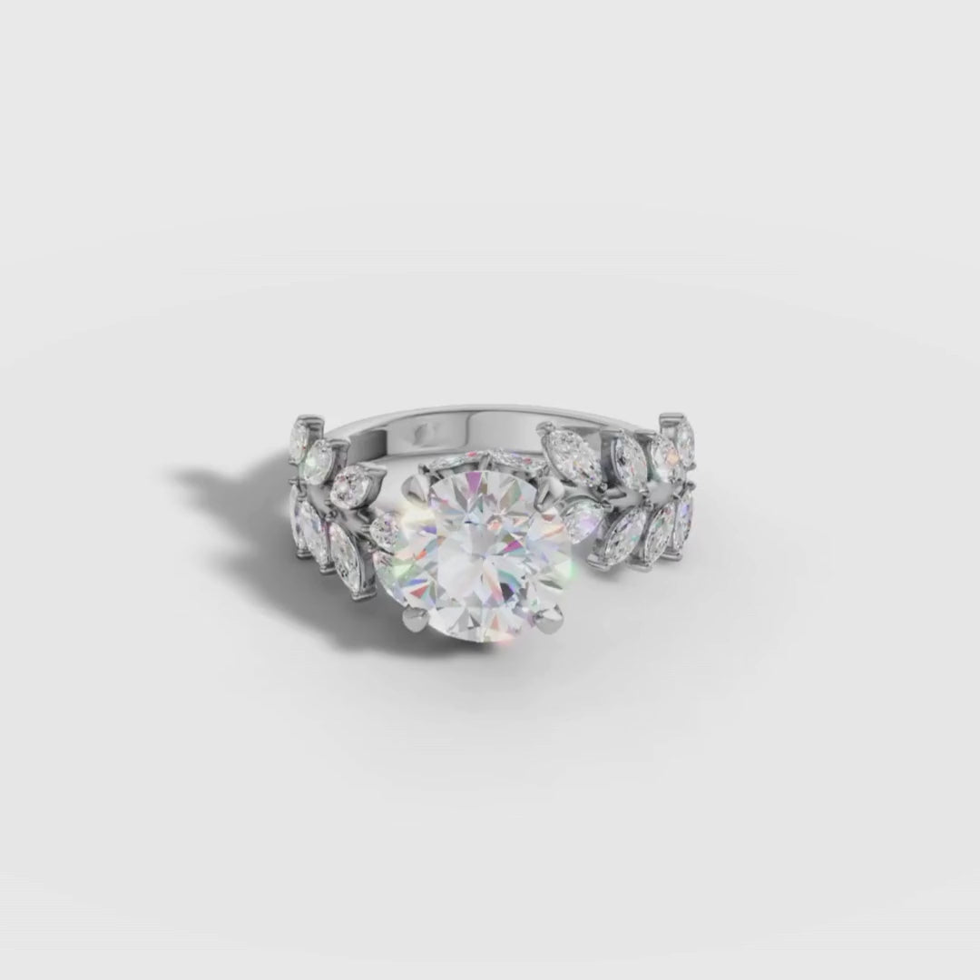 Round Cut Lab Grown Diamond Engagement Ring with Marquise Side Diamonds in Yellow Gold | Luxury Statement Ring – Pooja Diamond