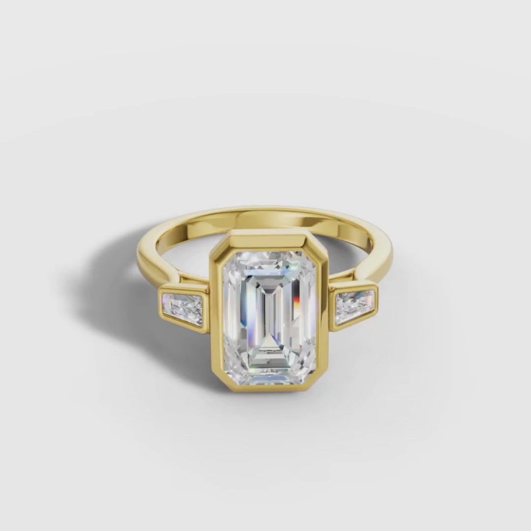 1 To 3 CT Lab Grown Emerald Cut Bezel Three-Stone Diamond Ring | Modern Gold Trilogy Engagement Ring | IGI Certified