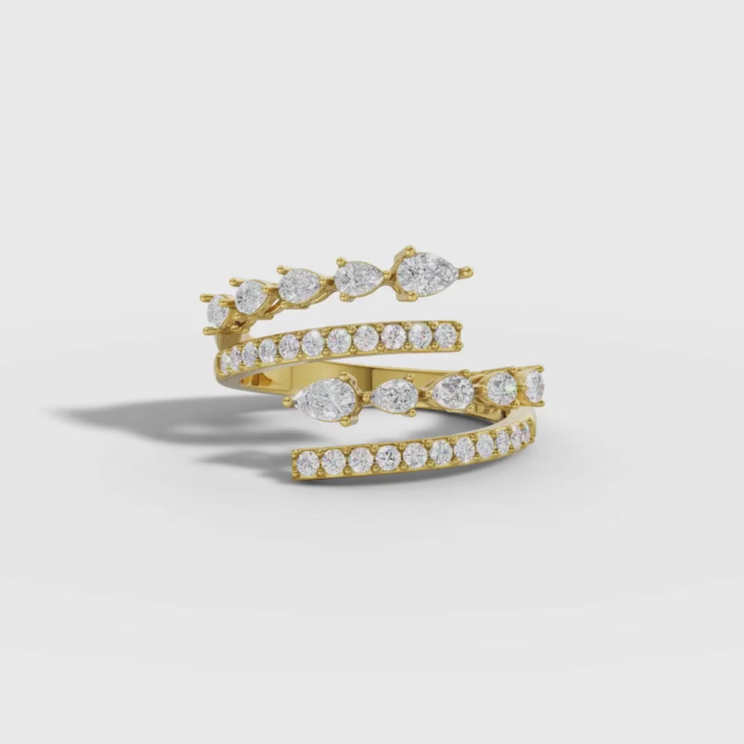 Multi-Row Pear & Round Lab Grown Diamond Spiral Wrap Ring in Yellow Gold | Luxury Statement Ring – Pooja Diamond