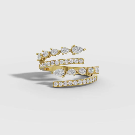 Multi-Row Pear & Round Lab Grown Diamond Spiral Wrap Ring in Yellow Gold | Luxury Statement Ring – Pooja Diamond