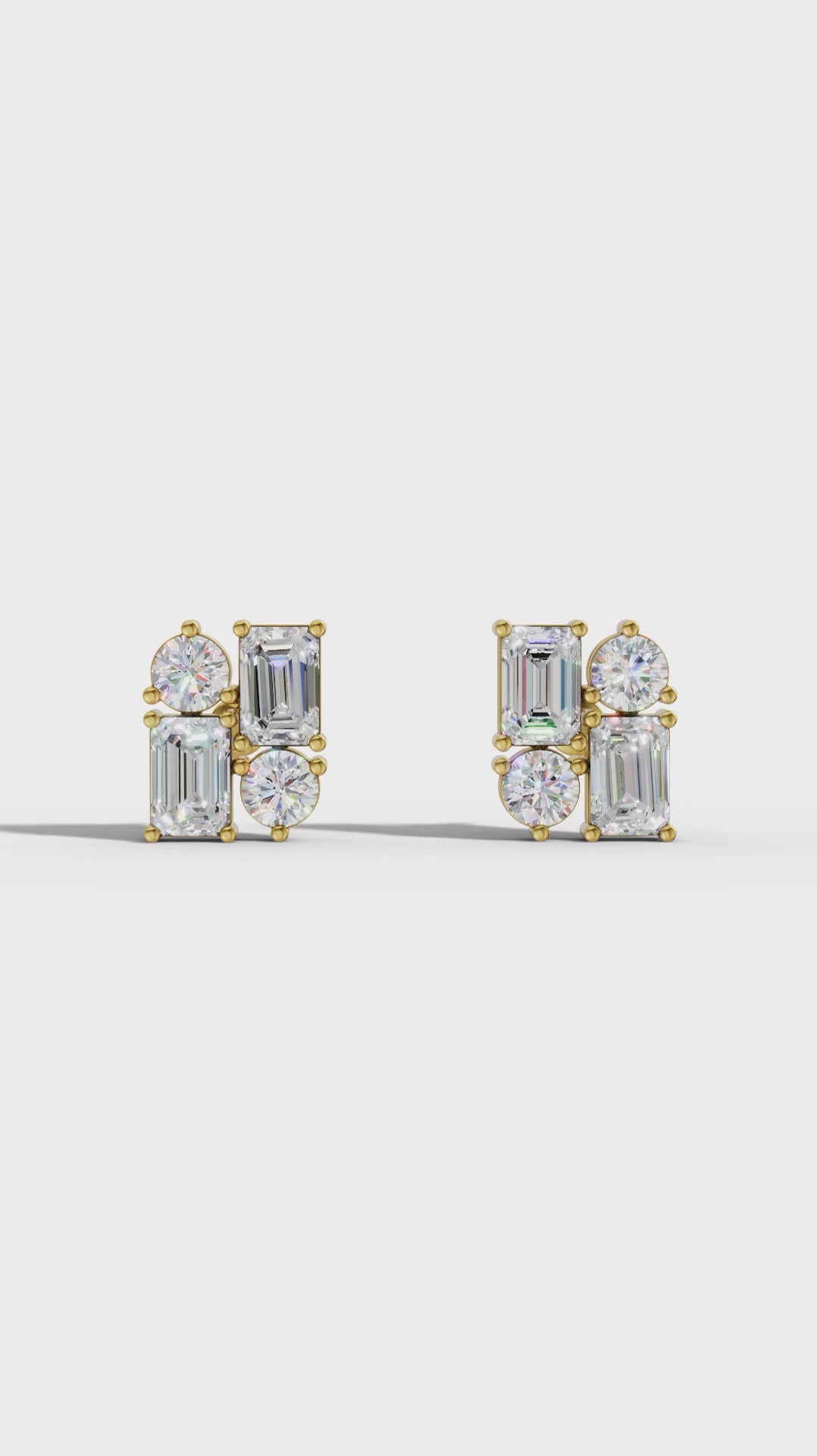Lab Grown Diamond Geometric Stud Earrings | Emerald & Round Cut | Modern Cluster Diamond Earrings in 18K / 14K / 10K Gold