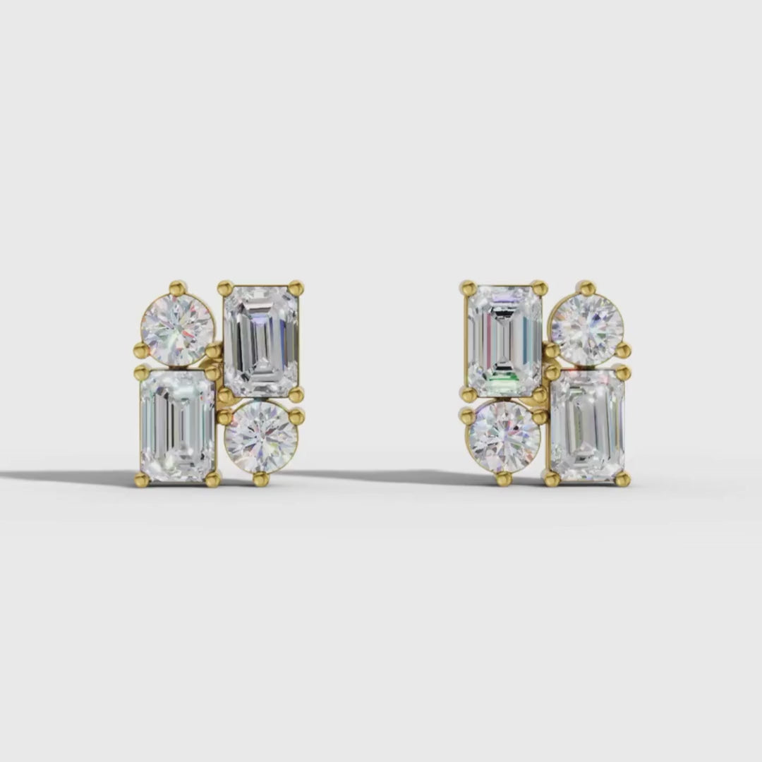 Lab Grown Diamond Geometric Stud Earrings | Emerald & Round Cut | Modern Cluster Diamond Earrings in 18K / 14K / 10K Gold