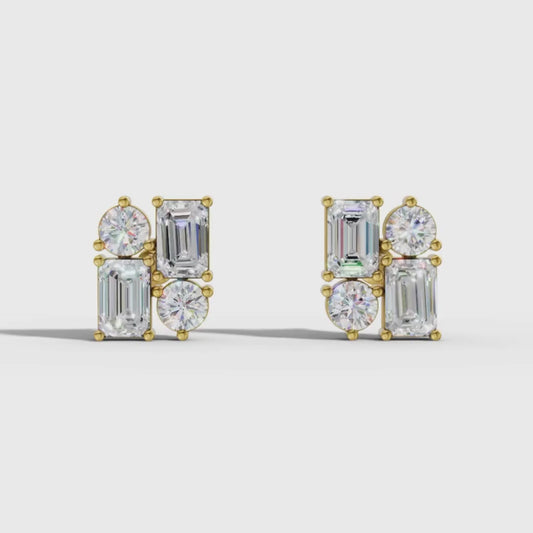 Lab Grown Diamond Geometric Stud Earrings | Emerald & Round Cut | Modern Cluster Diamond Earrings in 18K / 14K / 10K Gold
