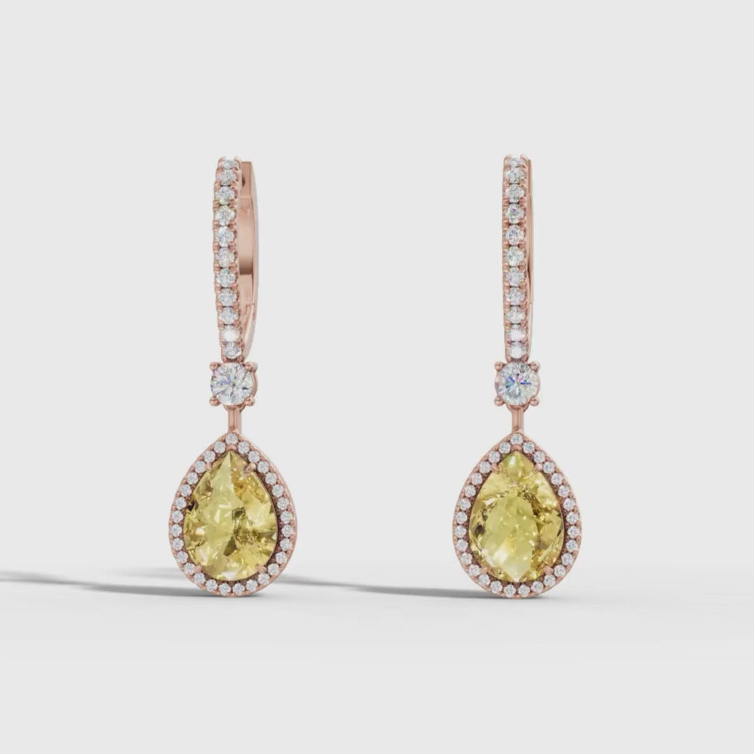 Lab Grown Yellow Diamond Pear drop Hoop Earrings | Color Diamond | 10K/14K/18K Gold Halo Dangle Earrings