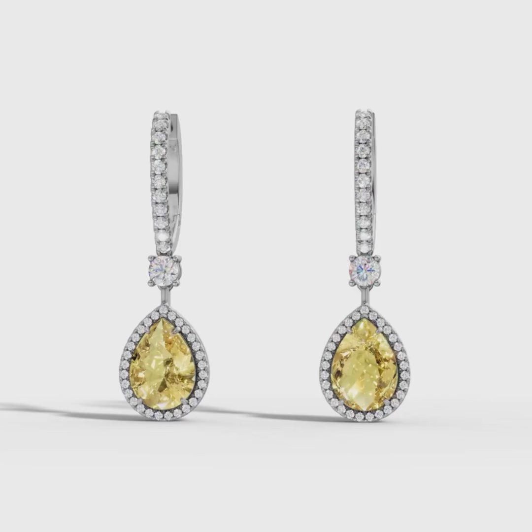Lab Grown Yellow Diamond Pear drop Hoop Earrings | Color Diamond | 10K/14K/18K Gold Halo Dangle Earrings