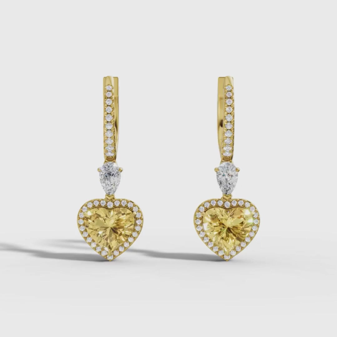 Lab Grown Yellow Diamond Heart Drop Hoop Earrings | Halo Dangle Earrings in 18K / 14K / 10K Gold | IGI Certified