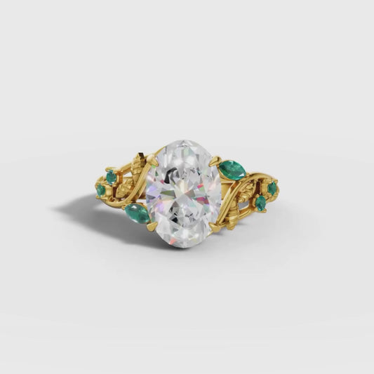 1 To 5 CT Nature Inspired Oval Shape Lab Grown Diamond Ring in Yellow Gold | Leaf Design Engagement Ring – Pooja Diamond