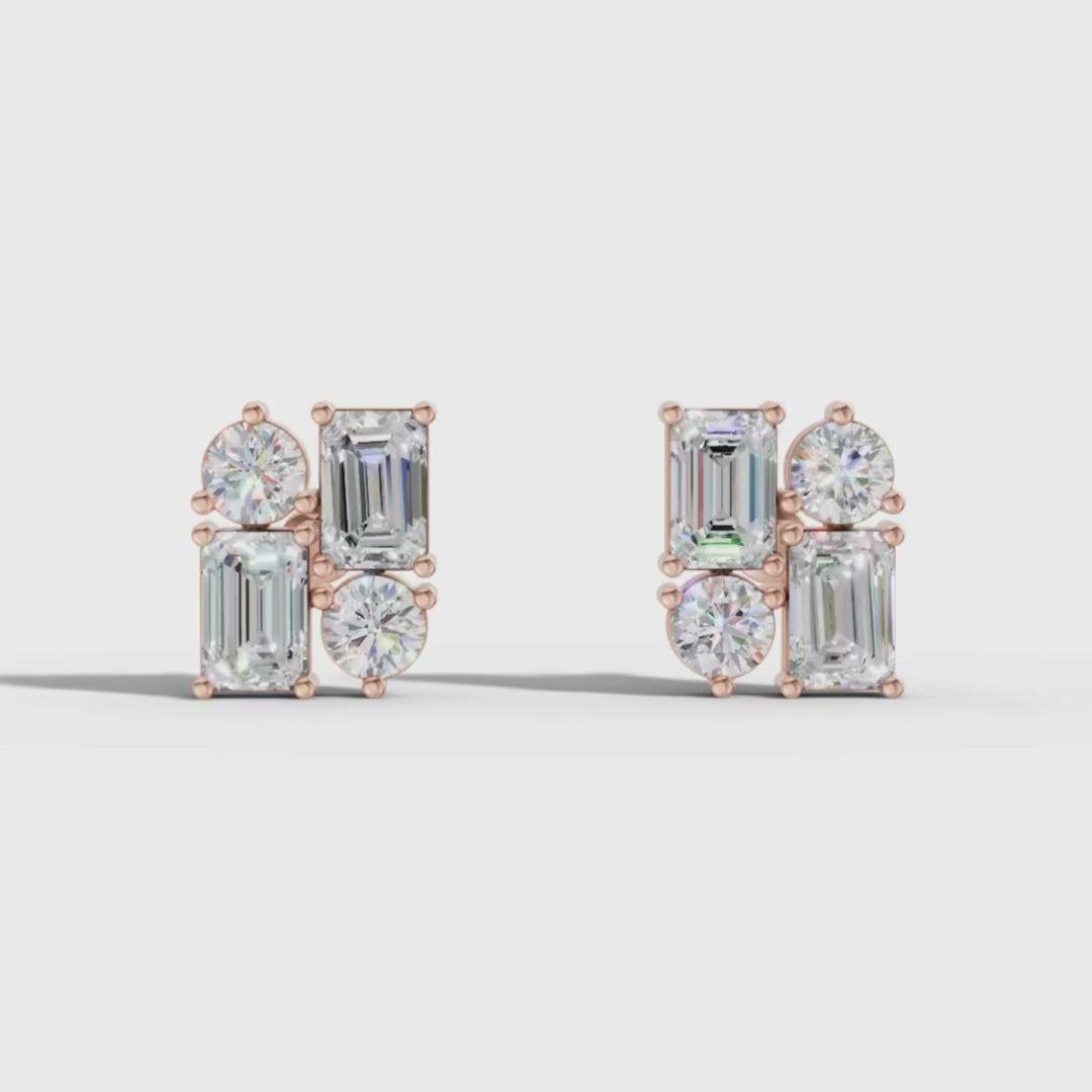Lab Grown Diamond Geometric Stud Earrings | Emerald & Round Cut | Modern Cluster Diamond Earrings in 18K / 14K / 10K Gold